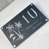 CUSTOM ISLAND PALM TREE SUNRISE DOLPHIN ACRYLIC HOUSE NUMBER SIGN SILVER SCREWS
