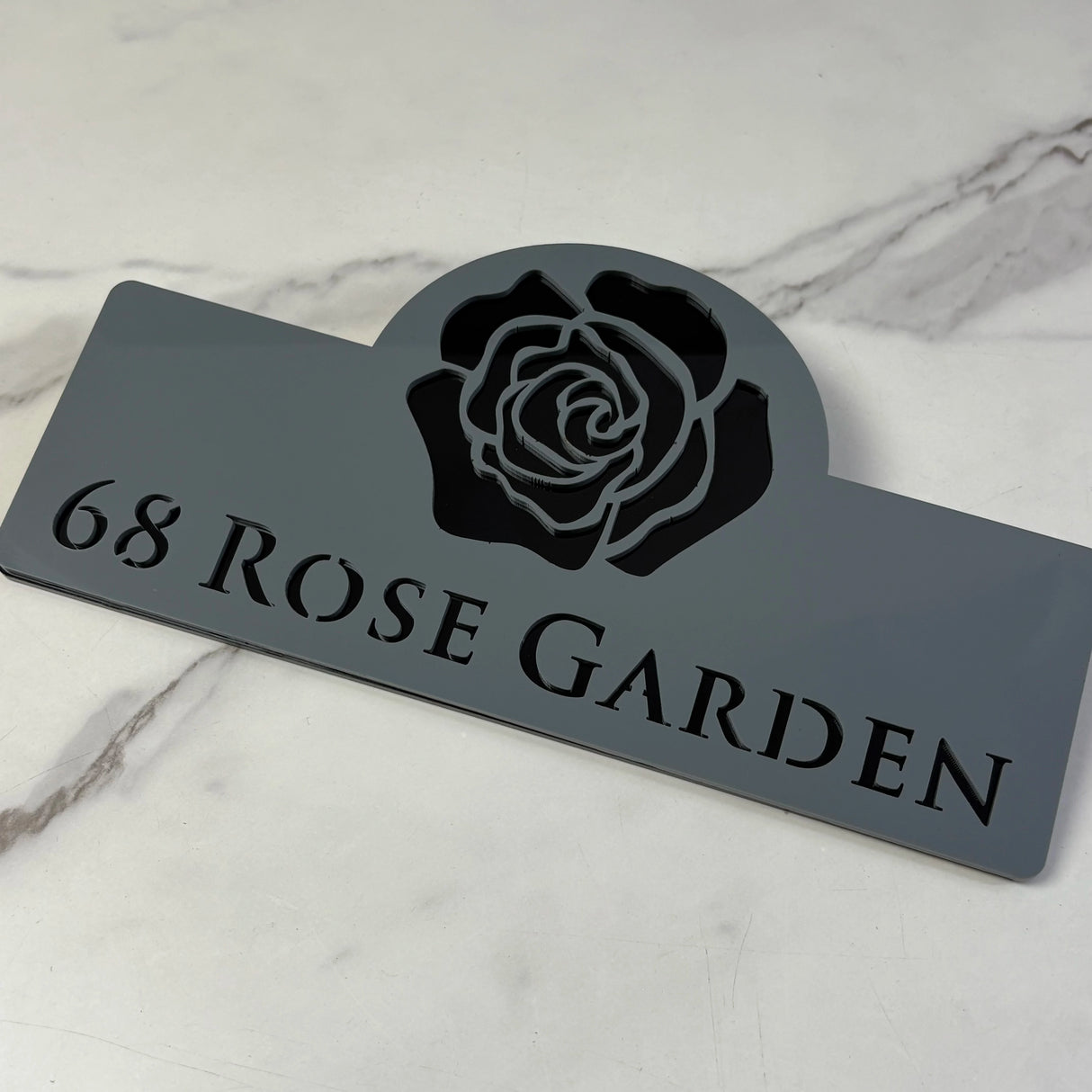 HOUSE SIGN ADDRESS CUSTOM SIGN FLOWER ROSE LASER CUT ACRYLIC NUMBER SILVER/ BLACK NAILS PLAQUE