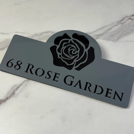 HOUSE SIGN ADDRESS CUSTOM SIGN FLOWER ROSE LASER CUT ACRYLIC NUMBER SILVER/ BLACK NAILS PLAQUE