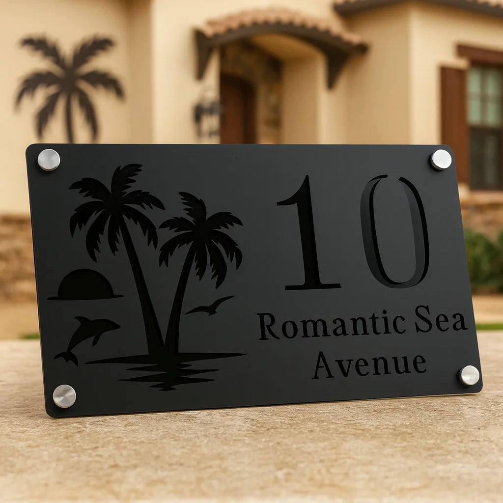 CUSTOM ISLAND PALM TREE SUNRISE DOLPHIN ACRYLIC HOUSE NUMBER SIGN SILVER SCREWS