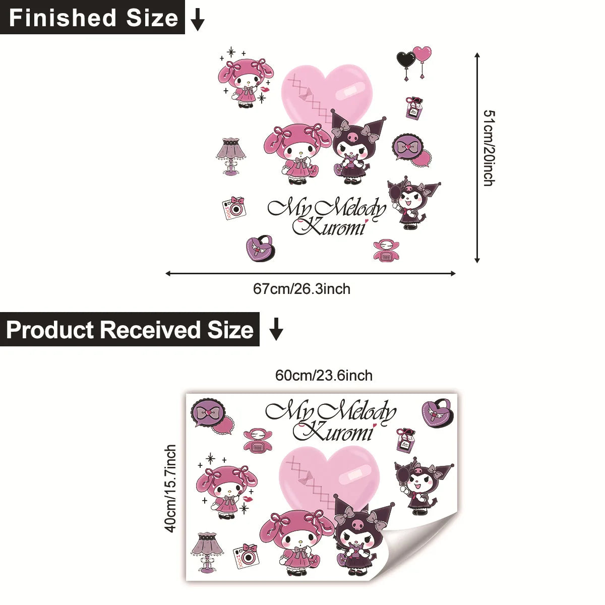 HELLO KITTY MY MELODY KUROMI PINK PURPLE WALL STICKER MURAL ART Decal