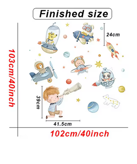 DOGS IN SPACESHIPS STARGAZING BOY ROCKET SKY MOON SPACE 3D WALL STICKER MURAL ART Decal