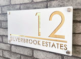 CUSTOM HOUSE SIGN NUMBER STREET SIGN WHITE GOLD ACRYLIC ADDRESS DOOR WALL PLAQUE