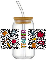SCHOOL TEACHER LEARNING GIFT GLASS JAR TUMBLER CUP WITH LID, STRAW AND BRUSH