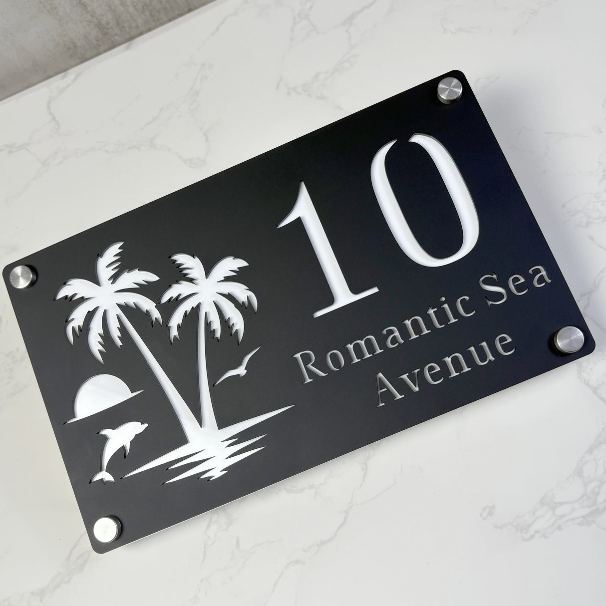 CUSTOM ISLAND PALM TREE SUNRISE DOLPHIN ACRYLIC HOUSE NUMBER SIGN SILVER SCREWS