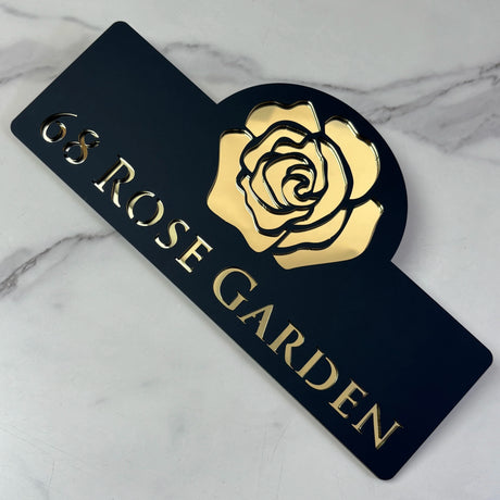 HOUSE SIGN ADDRESS CUSTOM SIGN FLOWER ROSE LASER CUT ACRYLIC NUMBER SILVER/ BLACK NAILS PLAQUE