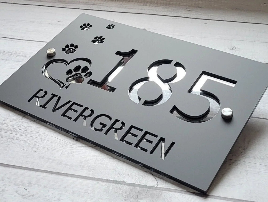 CUSTOM MODERN ACRYLIC HOUSE NUMBER STREET ADDRESS SIGN PAWS HEART PET SIGN