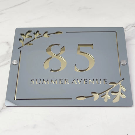 HOUSE SIGN ADDRESS CUSTOM SIGN LASER CUT ACRYLIC LEAF SCREWS NUMBER PLAQUE