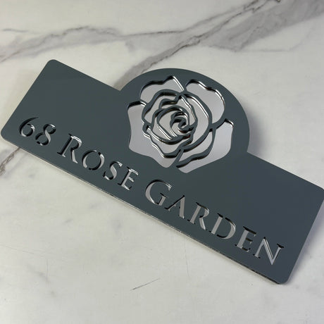 HOUSE SIGN ADDRESS CUSTOM SIGN FLOWER ROSE LASER CUT ACRYLIC NUMBER SILVER/ BLACK NAILS PLAQUE