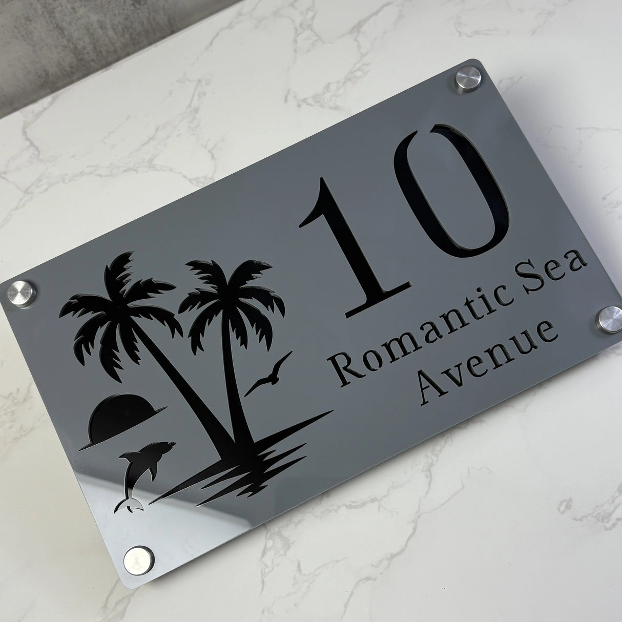 CUSTOM ISLAND PALM TREE SUNRISE DOLPHIN ACRYLIC HOUSE NUMBER SIGN SILVER SCREWS