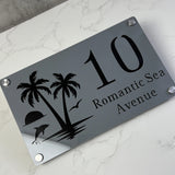 CUSTOM ISLAND PALM TREE SUNRISE DOLPHIN ACRYLIC HOUSE NUMBER SIGN SILVER SCREWS