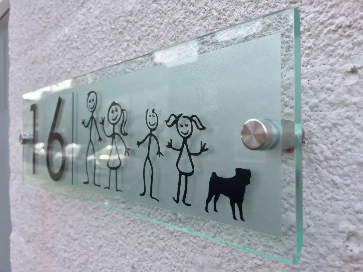 MODERN HOUSE SIGN FAMILY MEMBERS PLAQUE DOOR NUMBER STICK MAN GLASS ACRYLIC