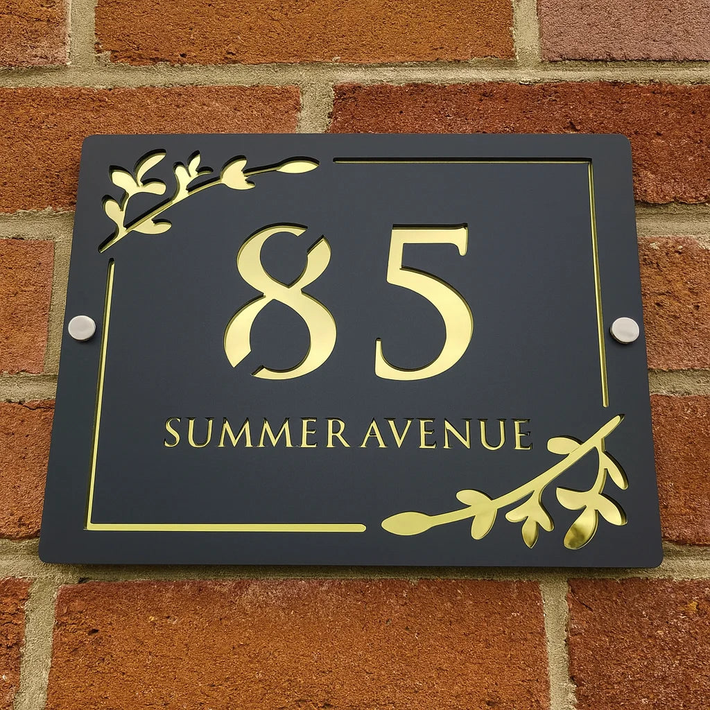 HOUSE SIGN ADDRESS CUSTOM SIGN LASER CUT ACRYLIC LEAF SCREWS NUMBER PLAQUE