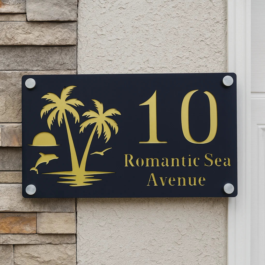 CUSTOM ISLAND PALM TREE SUNRISE DOLPHIN ACRYLIC HOUSE NUMBER SIGN SILVER SCREWS