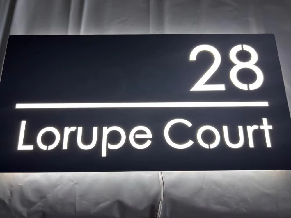Custom LED House Number Sign | Black Stainless Steel Backlit Plaque