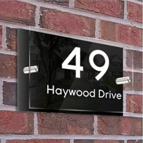 HOUSE SIGN ADDRESS SIGN NUMBER STREET ACRYLIC DOOR WALL BLACK BACK PLATE PLAQUE
