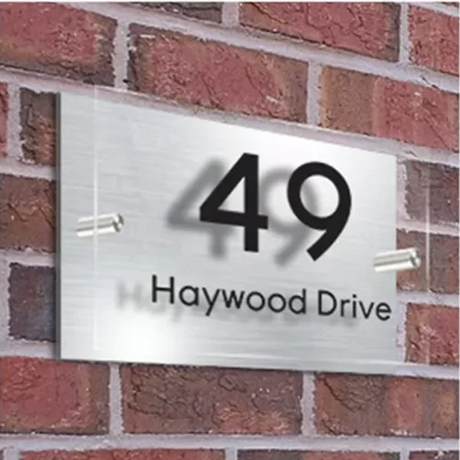 HOUSE SIGN ADDRESS SIGN NUMBER STREET ACRYLIC DOOR WALL SILVER BACK PLATE PLAQUE