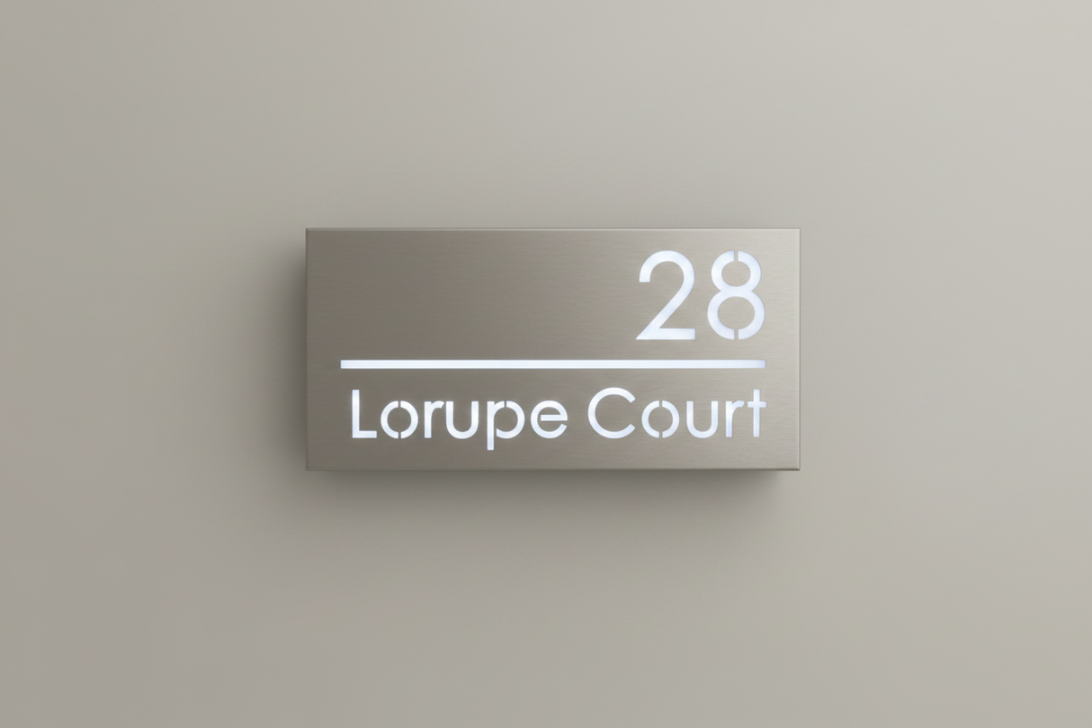 Custom LED House Number Sign | Silver Stainless Steel Backlit Plaque
