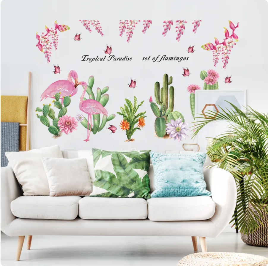 PINK FLAMINGO CACTUS FLOWERS BUTTERFLIES ANIMALS 3D WALL STICKER MURAL Decal