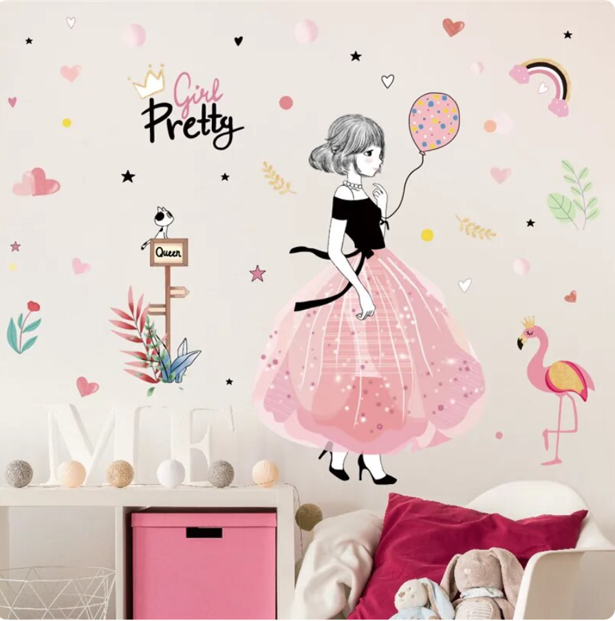 PRETTY GIRL FLAMINGO BALLOON RAINBOW QUEEN LEAVES STARS WALL STICKER MURAL Decal