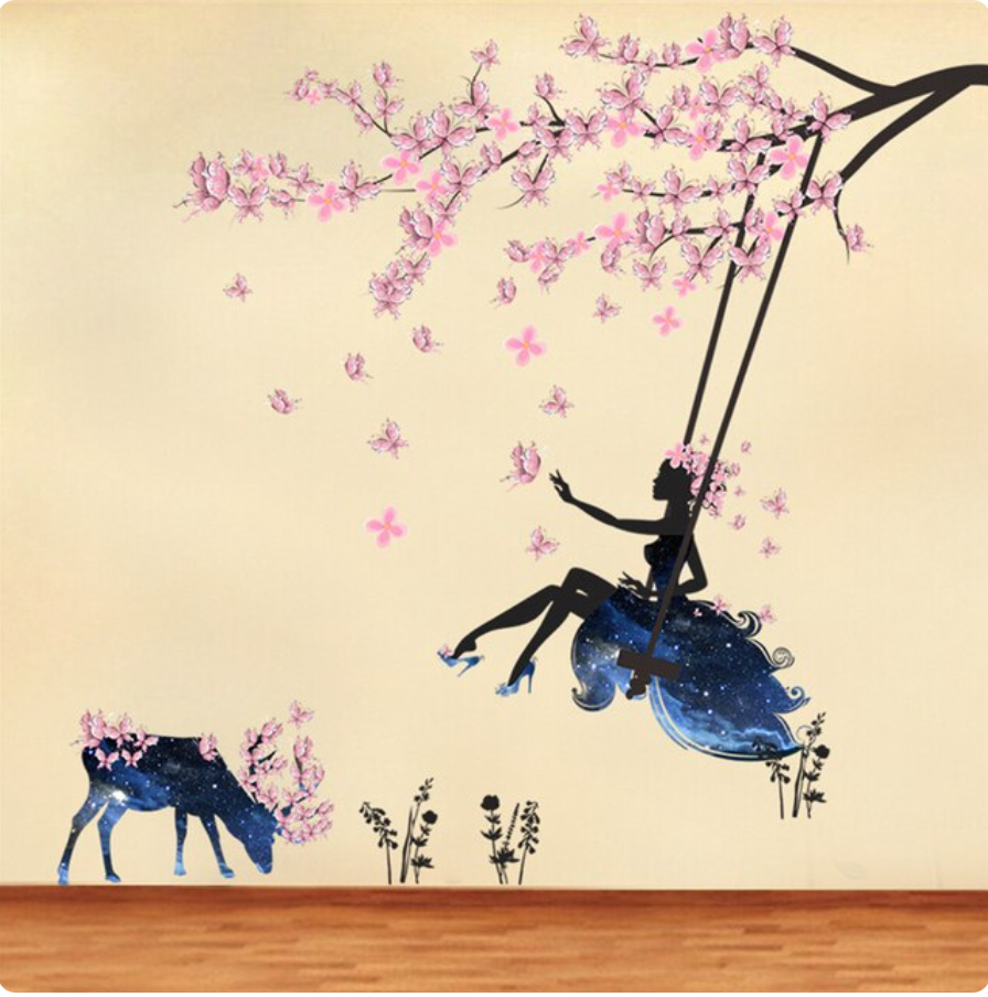 GIRL ON SWING CHERRY BLOSSOMS FLOWERS GALAXY SILHOUETTE WALL STICKER MURAL Decal