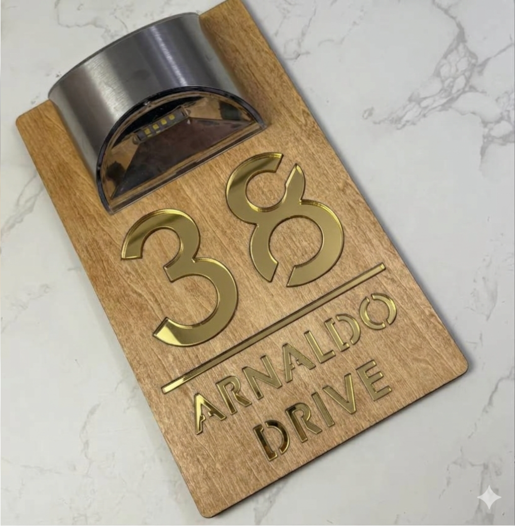 Solar LED Wooden Custom House Sign 28cm | Illuminated Wood Address Plaque