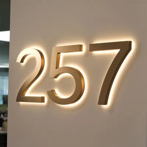 Custom LED House Number Sign | Backlit Stainless Steel Address Plaque | Gold