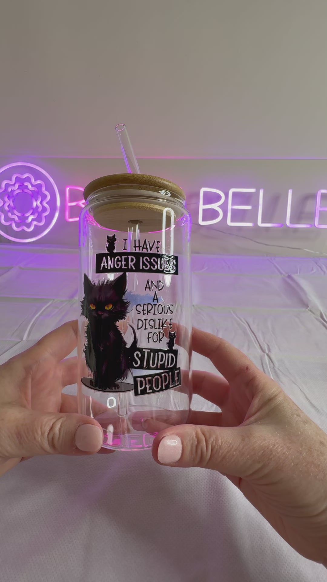CAT ANGER ISSUES STUPID PEOPLE GLASS JAR TUMBLER CUP WITH LID, STRAW AND BRUSH