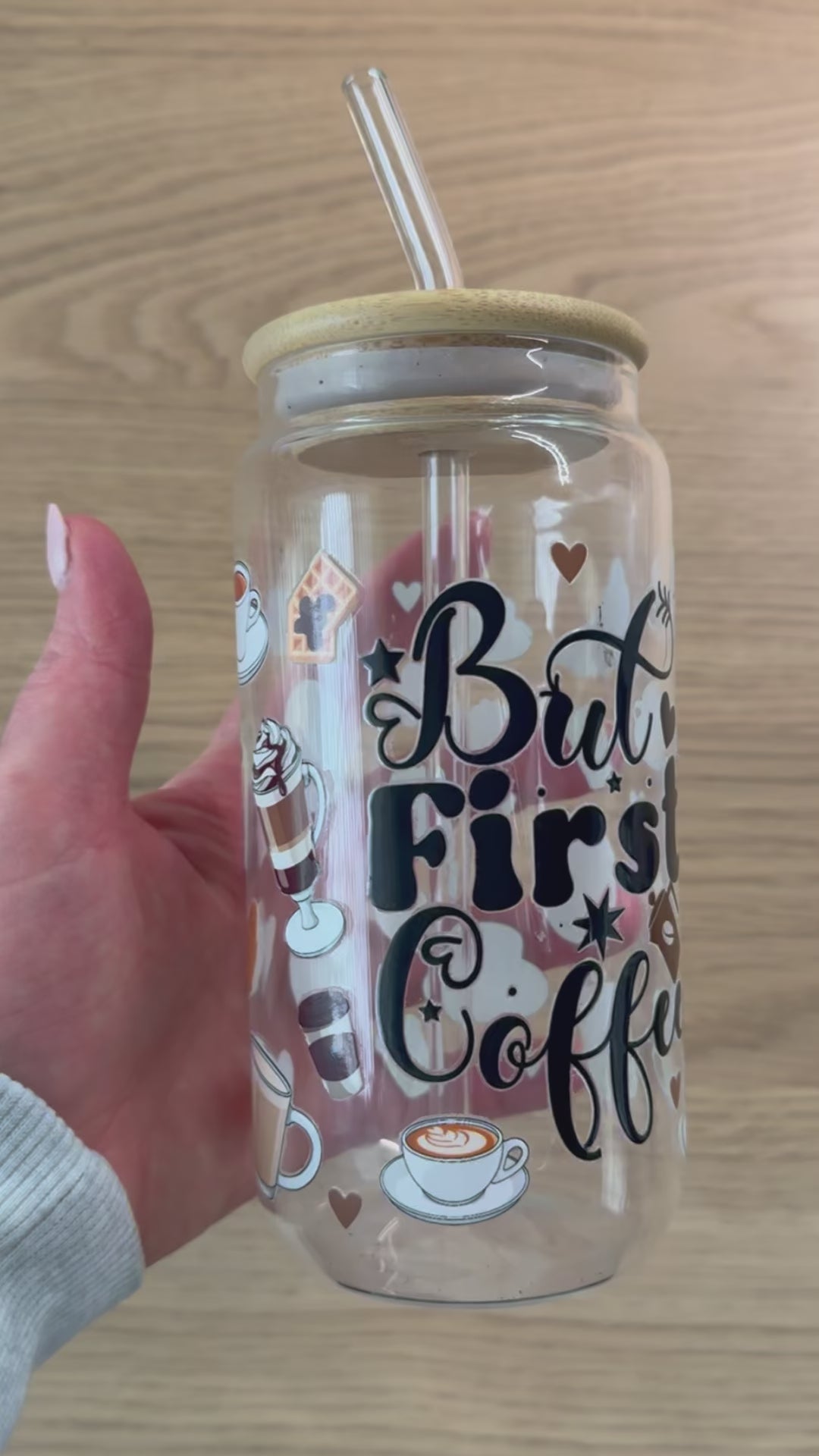 FIRST IT'S COFFEE GLASS JAR TUMBLER CUP WITH LID, STRAW AND BRUSH