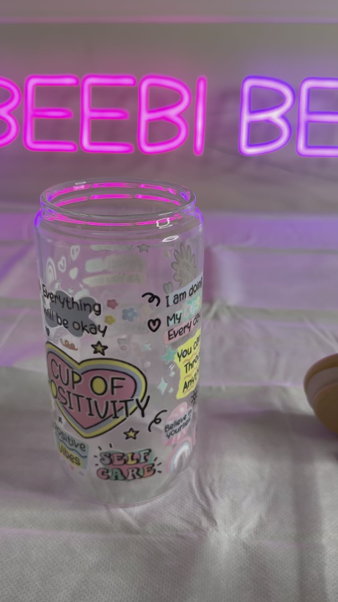 CUP OF POSITIVITY REMINDERS GLASS JAR TUMBLER CUP WITH LID, STRAW AND BRUSH