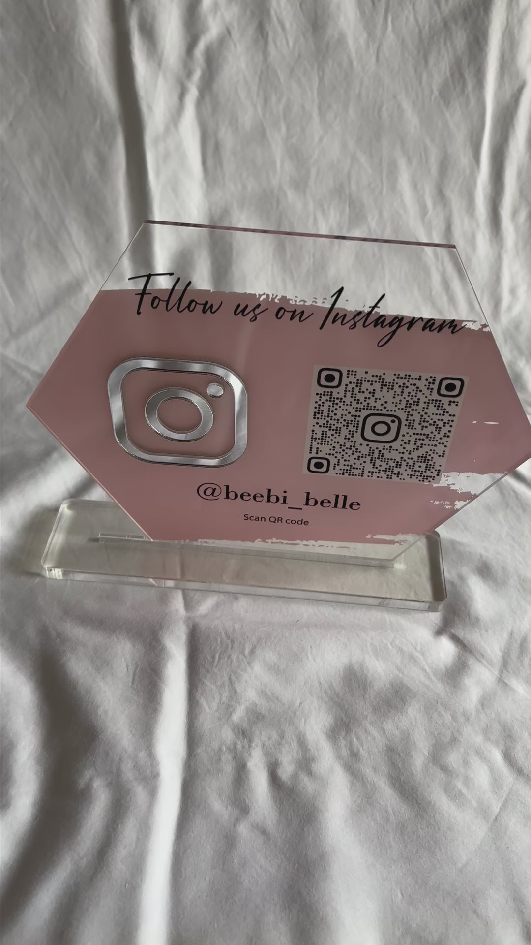 BUSINESS QR CODE SCANNING SIGN SOCIAL MEDIA BOARD PLAQUE HEXAGON BABY PINK SILVER