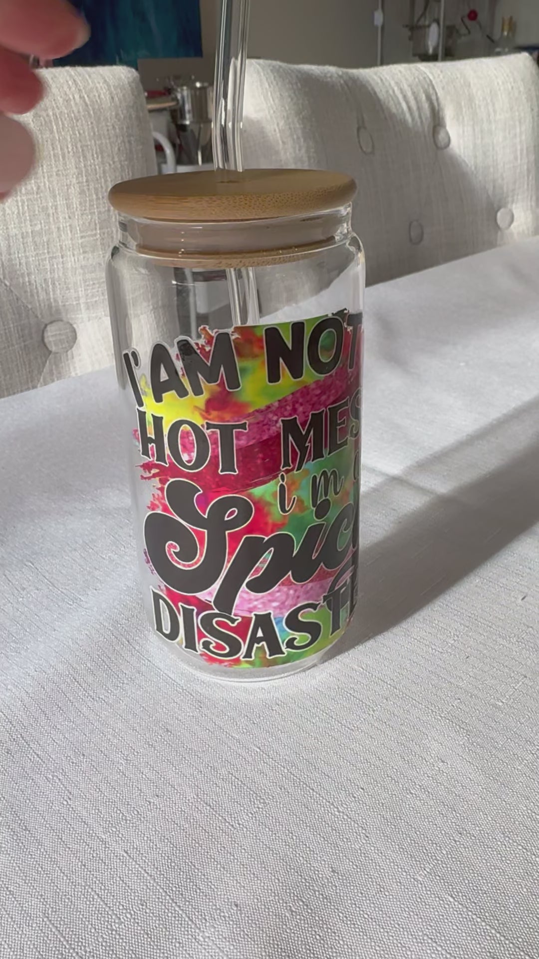 I'M A SPICY DISASTER GLASS JAR TUMBLER CUP WITH LID, STRAW AND BRUSH