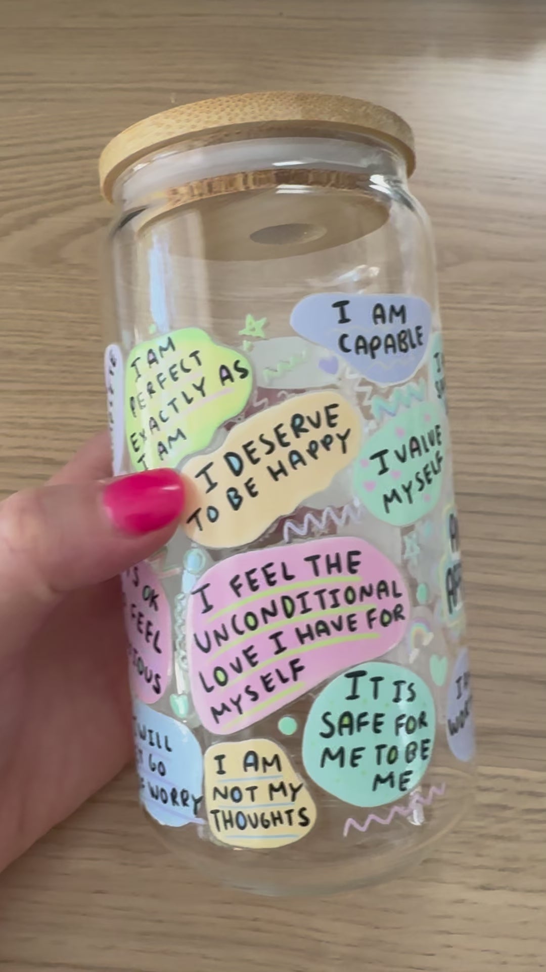 MY ANXIETY AFFIRMATIONS GLASS JAR TUMBLER CUP WITH LID, STRAW AND BRUSH