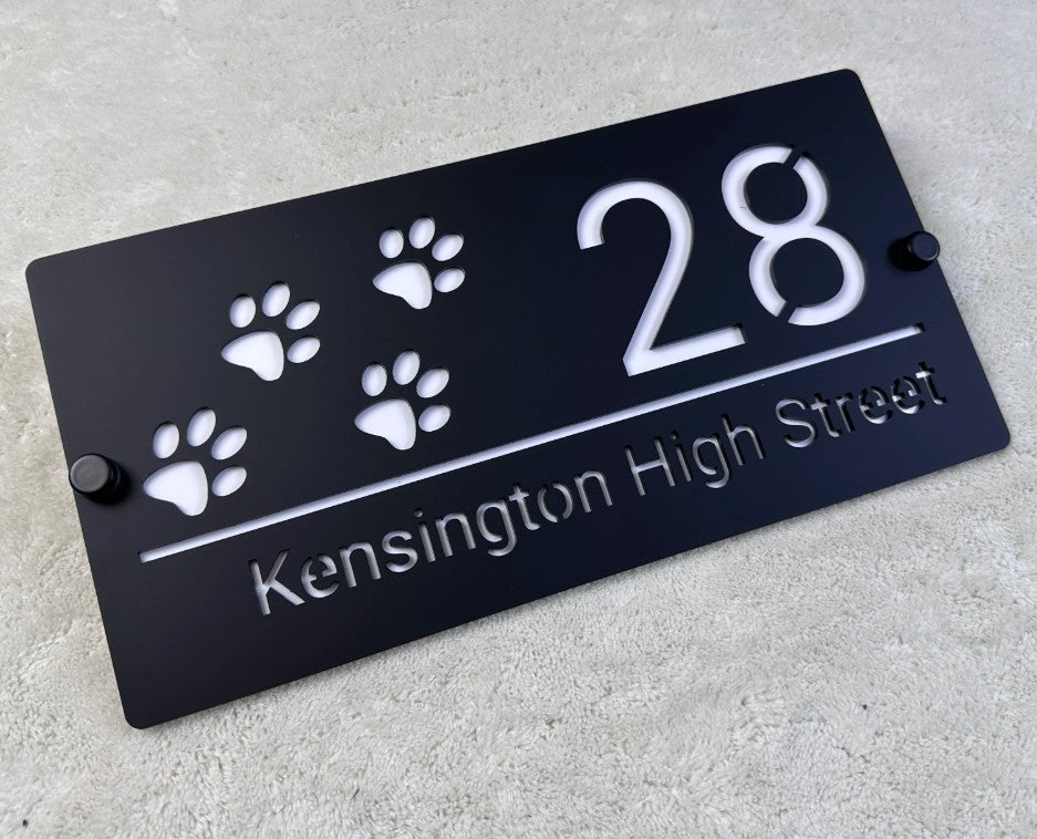 HOUSE SIGN PAW PRINTS CAT DOG LASER CUT CUSTOM ACRYLIC STREET ADDRESS SIGN