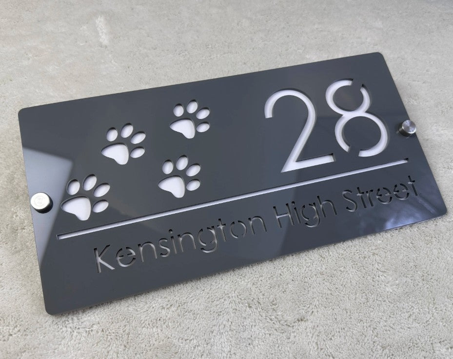 HOUSE SIGN PAW PRINTS CAT DOG LASER CUT CUSTOM ACRYLIC STREET ADDRESS SIGN