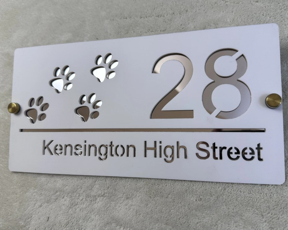 HOUSE SIGN PAW PRINTS CAT DOG LASER CUT CUSTOM ACRYLIC STREET ADDRESS SIGN