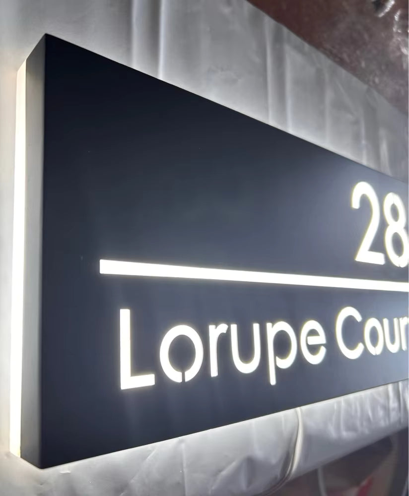 Custom LED House Number Sign | Black Stainless Steel Backlit Plaque