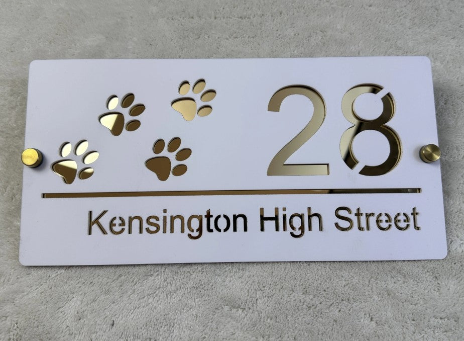 HOUSE SIGN PAW PRINTS CAT DOG LASER CUT CUSTOM ACRYLIC STREET ADDRESS SIGN
