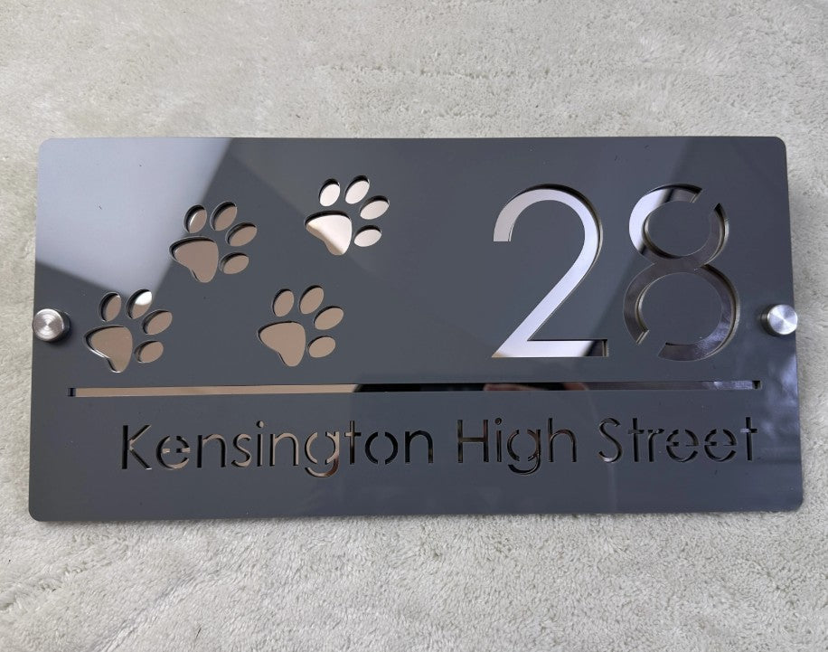 HOUSE SIGN PAW PRINTS CAT DOG LASER CUT CUSTOM ACRYLIC STREET ADDRESS SIGN