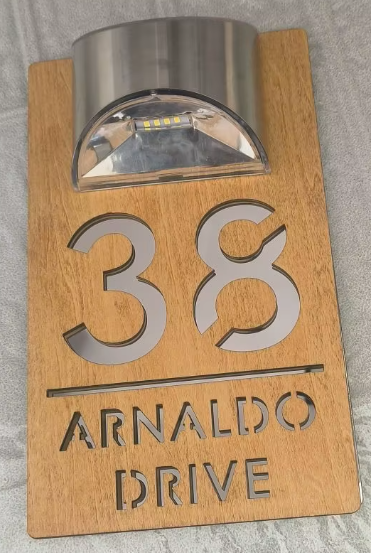 Solar LED Wooden Custom House Sign 28cm | Illuminated Wood Address Plaque