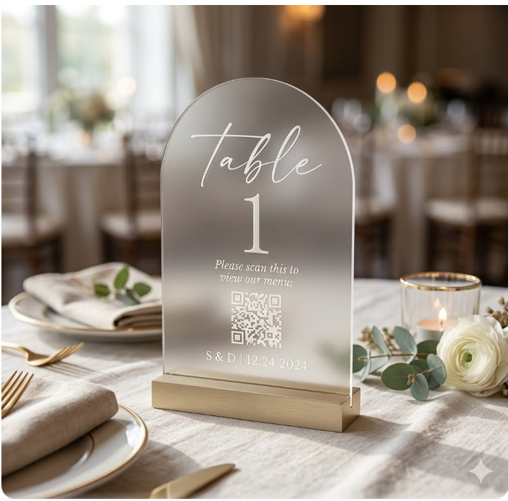 A frosted acrylic table number sign reading 'table 1' with a QR code and personalized text, displayed on a light wood base on a decorated wedding table.