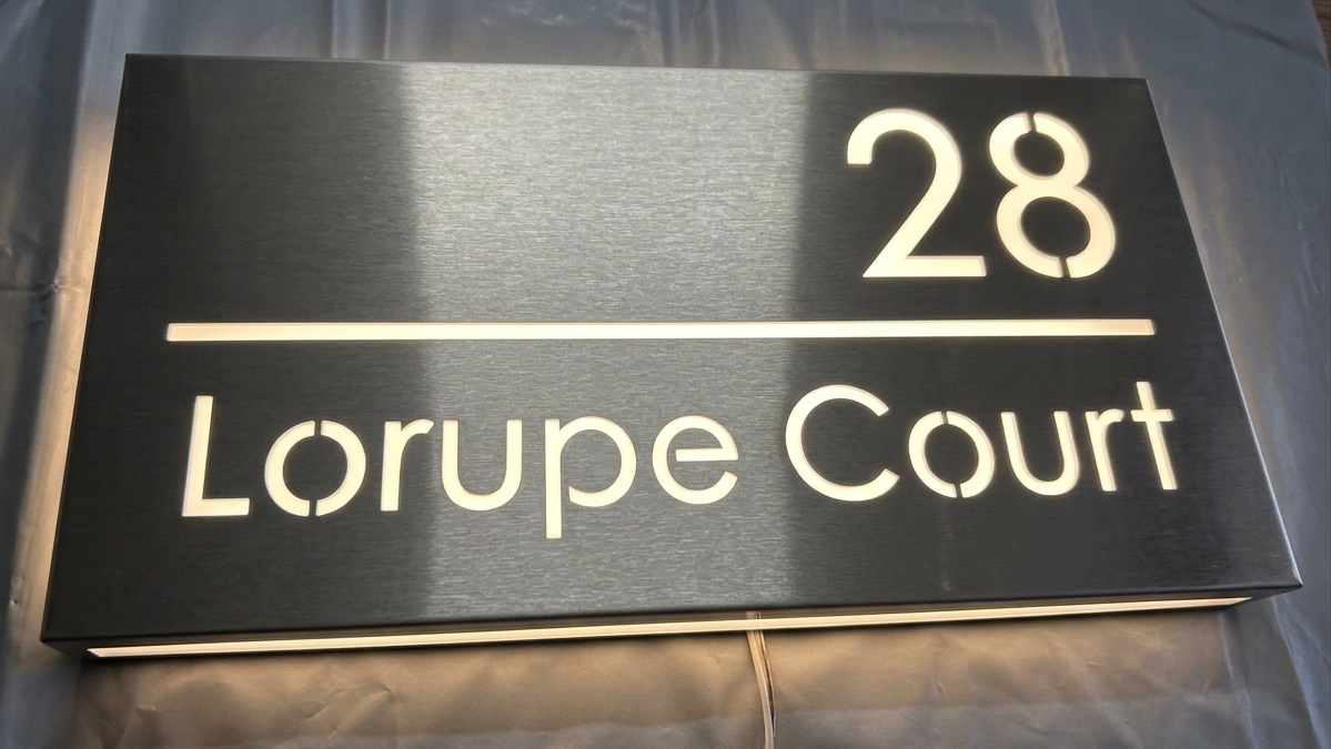 Custom LED House Number Sign | Silver Stainless Steel Backlit Plaque