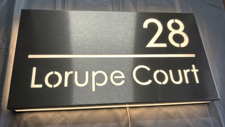 Custom LED House Number Sign | Silver Stainless Steel Backlit Plaque